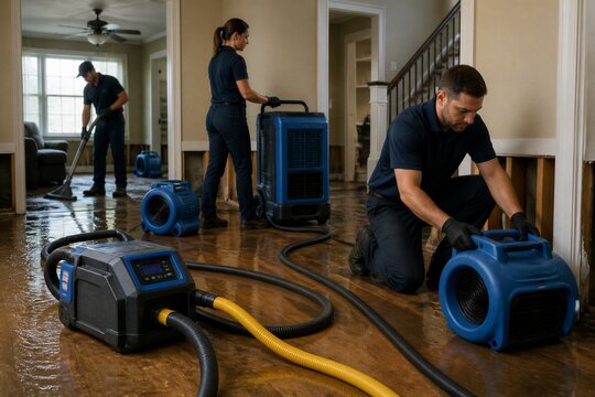 Restoration team drying water damaged floors inside home