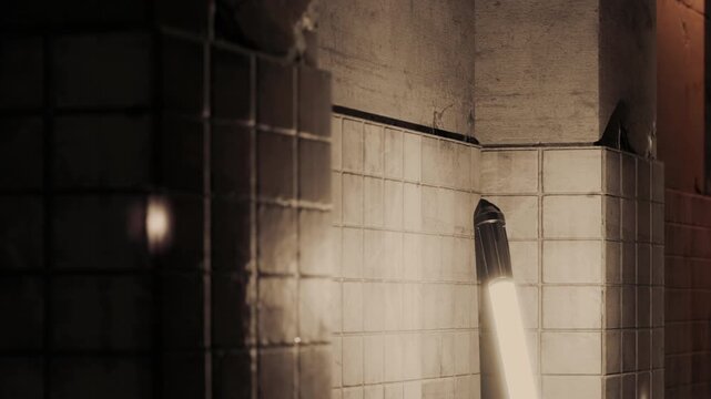 A light source shines on tiles in a room. The tiles show reflections and patterns. The scene has a warm but low light, creating a mood in the space.
