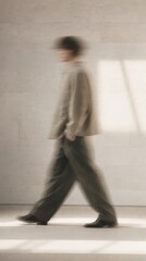 Fototapeta premium Blurred silhouette of a person walking, ideal for a minimalist mobile wallpaper.