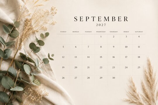 Minimal September Calendar With Botanical Neutral Decor Elegant Monthly Planning Template Background