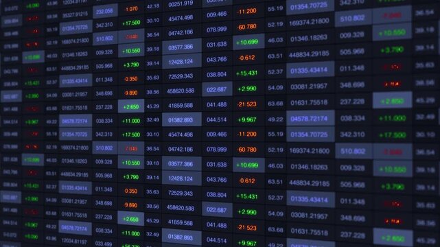 Dynamic Financial Data Display Featuring Real-Time Stock Prices and Market Trends Presented in a Colorful Data Grid Format with Clear Numeric Values and Visual Distinctions