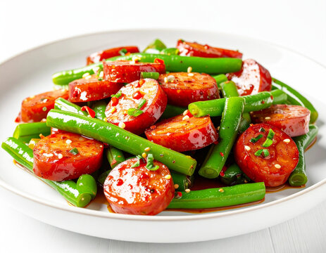 Chinese sausage and green beans, white plate. AI