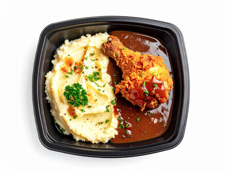 Fried chicken with mashed potatoes and brown gravy, black takeout container, white background. AI