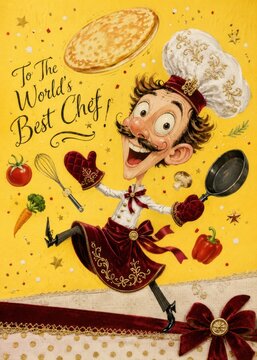Funny World Best Chef Greeting Card With Whimsical Cartoon Cooking Character Illustration