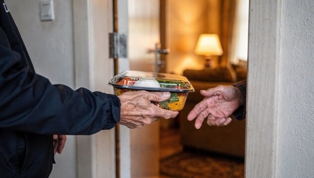 Delivery worker presenting a fresh meal container through an apartment door crack to an elderly resident focusing sharply on the exchange with the interior softly blurred.