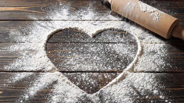 Heart shape in flour with rolling pin. Baking love background with falling flour powder on rustic wooden table.