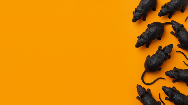Halloween orange background with creepy black rats arranged along the right border, spacious copy space for frightening Halloween party decoration, horror backdrop and eerie seasonal design