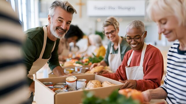 Happy volunteers assemble food packages with care and joy.