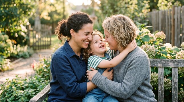 Happy lesbian couple with child embracing in a sunlit garden on a wooden bench