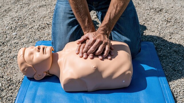 A person's hands are pressed firmly on the chest of a CPR training dummy during a resuscitation exercise.