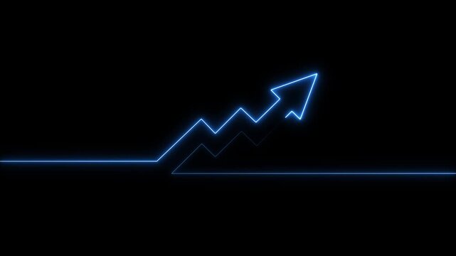 Neon blue financial growth chart arrow animation, rising business success graph, digital market trend concept, glowing data analytics visualization on black background