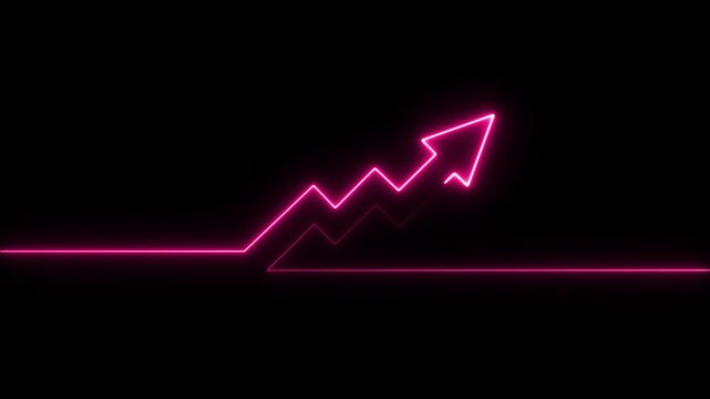 Neon pink growth graph arrow rising on black background, financial success concept, business analytics data visualization, digital marketing performance indicator