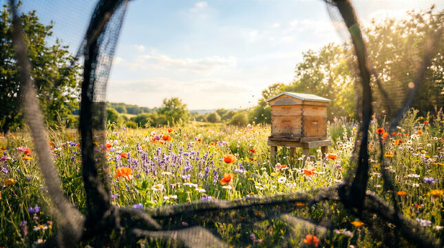 Beehive sits on a wooden stand among colorful wildflowers. Bright sky showcases sunny day in open field. Concept of agriculture, nature care, outdoor activities