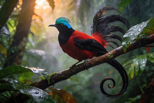 A rare Wilsons Bird of Paradise with scarlet body and turquoise crown perches on a misty rainforest branch under warm filtered sunlight