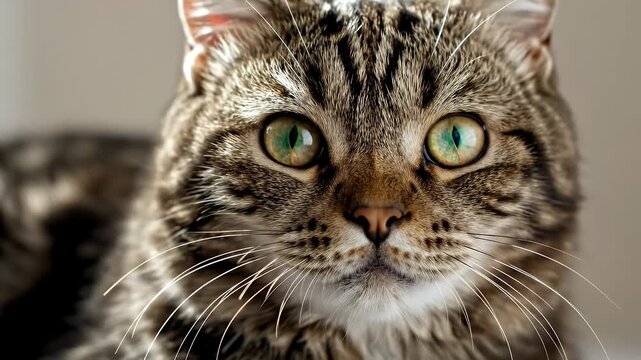 Close-Up Portrait of a Striped Domestic Cat with Green Eyes and Long Whiskers