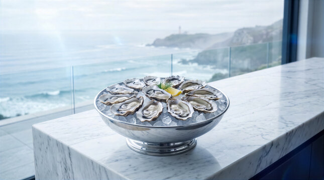 Oysters arranged in silver bowl on ice with lemon slice. Setting features large windows with ocean view. Concept of seafood restaurant, fine dining, luxury experience