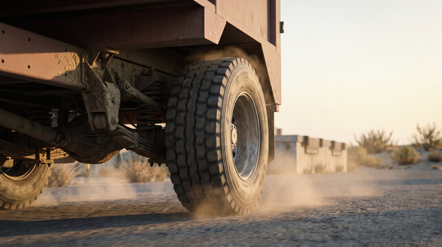 Close-up of an electric freight truck wheel on a desert logistics road