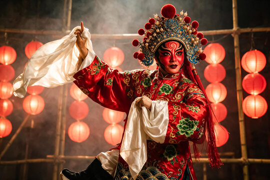 Traditional Chinese Opera Performer in Red Silk Costume, Dramatic Peking Opera Character with Ornate Headdress, Cultural Stage Performance with Lanterns