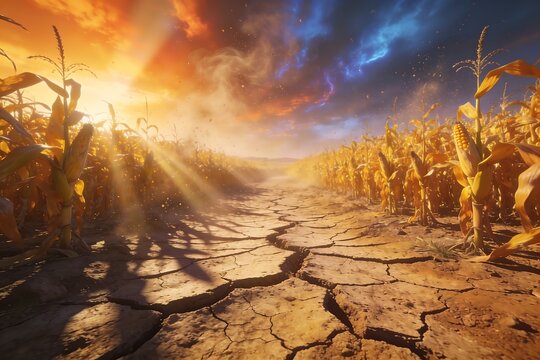 A parched cornfield displays deep spiderweb cracks radiating across dry earth beneath harsh golden light symbolizing drought and climate change