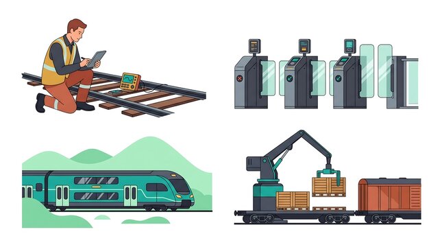 Railway Track Maintenance Passenger Turnstiles Double Decker Train and Cargo Loader Elements Set, Symbol of Railroad Infrastructure and Freight Handling Concept