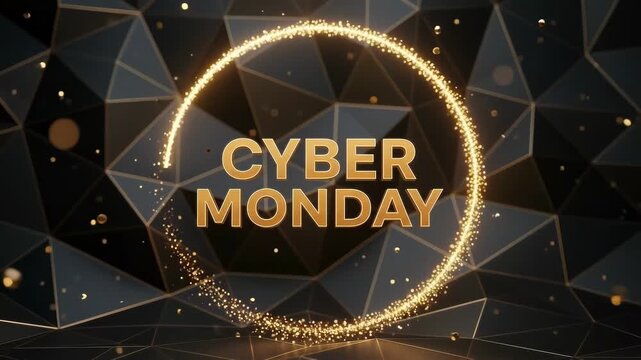 Cyber monday golden text with sparkling light ring on geometric background