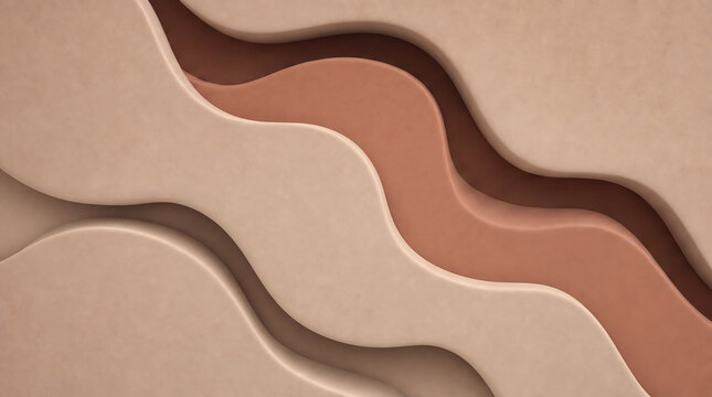 Layered abstract waves in soft beige terracotta and brown tones forming a smooth organic flowing design