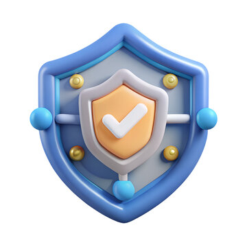 Glossy 3d security shield icon featuring a white checkmark symbol for digital safety and data protection on transparent background