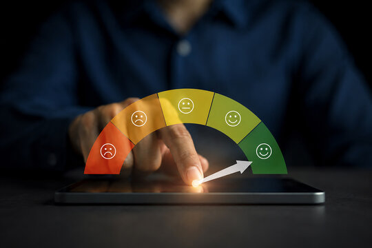 Customer using smartphone with face icons and info graphic percentage to evaluate product after use service   customer satisfaction concept. 