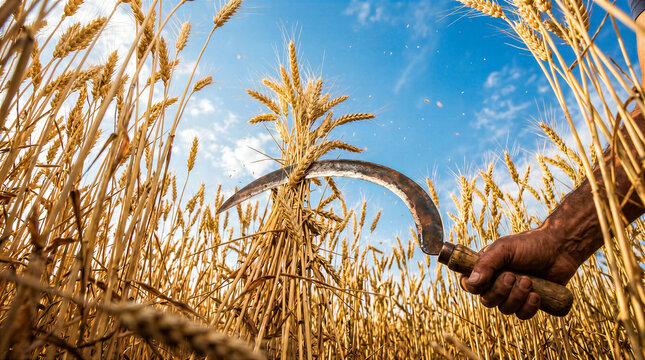 Farmer holds sickle and cuts wheat stalks in field. Blue sky above with some clouds. Scene shows agricultural work during harvest season. Concept of farming, crop production, food industry
