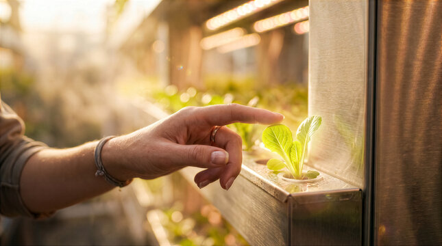 Hand touches young lettuce plant in greenhouse setting. Natural light enhances plants growth with several other plants in background. Concept of gardening, farming, sustainable agriculture
