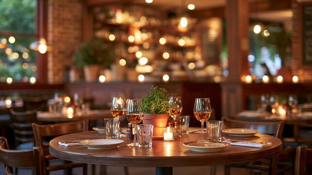 Cozy restaurant interior with wooden furniture and candlelight.