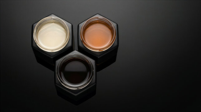 Three glass jars with white, brown, and amber liquids arranged in a triangle on black reflective surface. Concept of food preparation, beverage industry, packaging design
