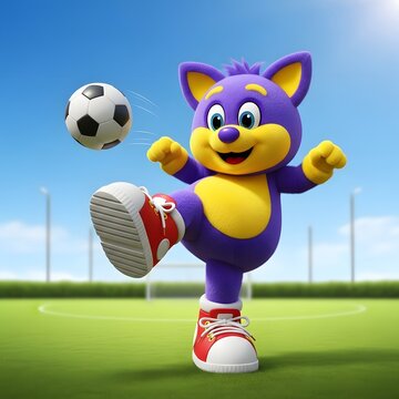 Playful purple and yellow animal soccer mascot performing a dynamic football kick on a sunny sports field, Generative AI