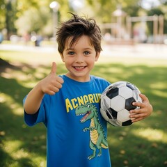 Obraz premium Smiling young soccer player holding a football and giving a thumbs up outdoors on a sunny sports field, Generative AI