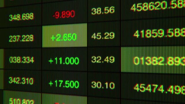 Detailed Analysis of Stock Market Trends with Green and Red Indicators Displayed on Digital Screens Reflecting Price Movements and Changes Over Time