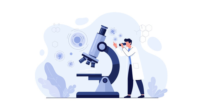 Scientist using microscope and looking through binoculars in laboratory with cell and molecular structures