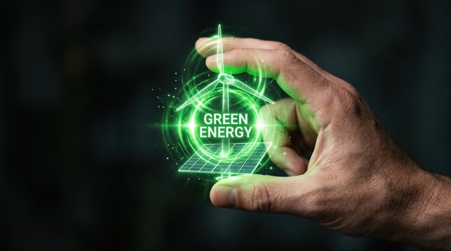Hand holding a glowing green holographic projection of wind turbines and solar panels, symbolizing the future of sustainable and renewable energy technology