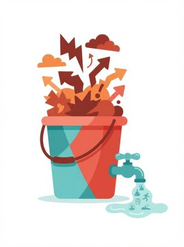 A bucket shows various harmful elements being released while water flows from a tap. This illustrates coping strategies for stress and relaxation.