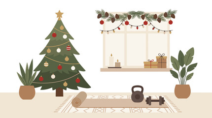 Fototapeta premium Cozy Christmas Home Gym with Decorated Tree and Festive Window