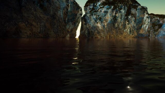 The scene shows two large rocky cliffs framing water as the sun sets. Light shines on the surface of the water, creating reflections. The sky has a warm glow.