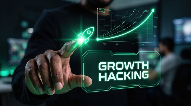 Driving future success with digital growth hacking strategies, a person interacting with a futuristic holographic interface showing business expansion and innovation