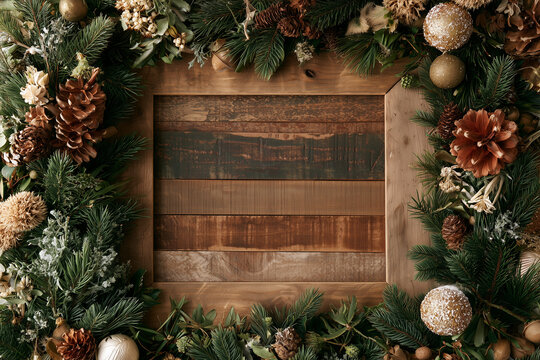 A backdrop for invitations, announcements, or posters for New Year, Christmas, winter holidays, and vacations. Wooden texture, festive decor with fir branches. Space for text.