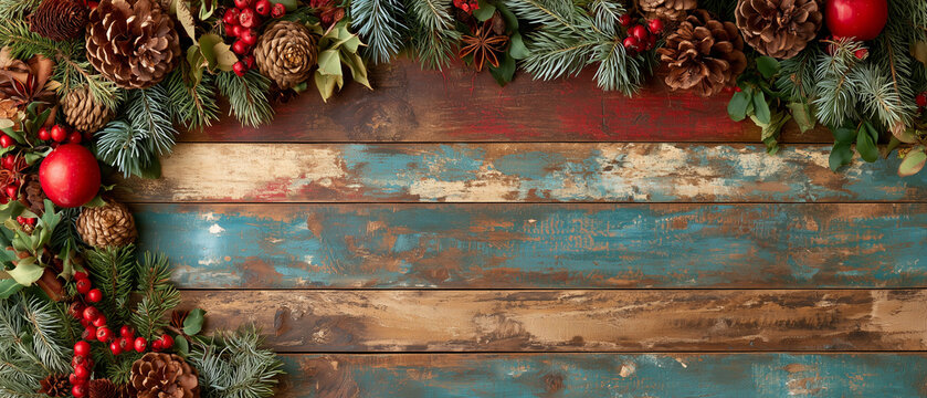 A backdrop for invitations, announcements, or posters for New Year, Christmas, winter holidays, and vacations. Wooden texture, festive decor with fir branches. Space for text.