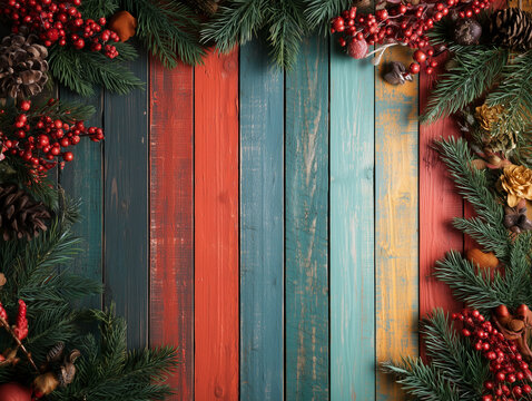 A backdrop for invitations, announcements, or posters for New Year, Christmas, winter holidays, and vacations. Wooden texture, festive decor with fir branches. Space for text.