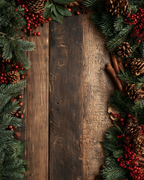 A backdrop for invitations, announcements, or posters for New Year, Christmas, winter holidays, and vacations. Wooden texture, festive decor with fir branches. Space for text.