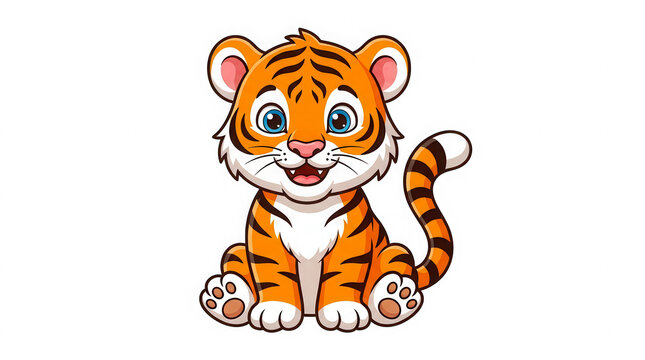 A cheerful cartoon illustration of a cute young orange tiger cub sitting happily with a striped tail and bright blue eyes Isolated on transparent
