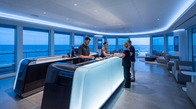 Baristas serving guests at a modern illuminated bar on a luxury cruise ship