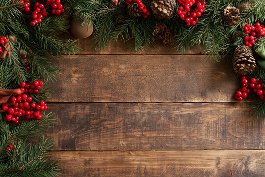 A backdrop for invitations, announcements, or posters for New Year, Christmas, winter holidays, and vacations. Wooden texture, festive decor with fir branches. Space for text.