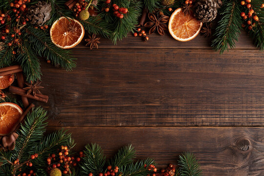 A backdrop for invitations, announcements, or posters for New Year, Christmas, winter holidays, and vacations. Wooden texture, festive decor with fir branches. Space for text.