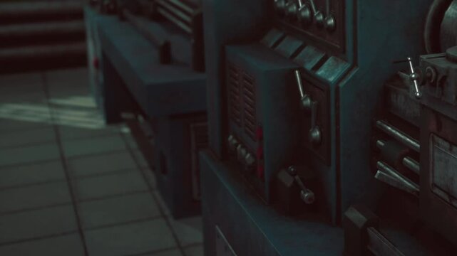 A control panel with levers and buttons sits in a workshop. Light filters in through a window and casts shadows on the floor. The machine shows signs of age and use.